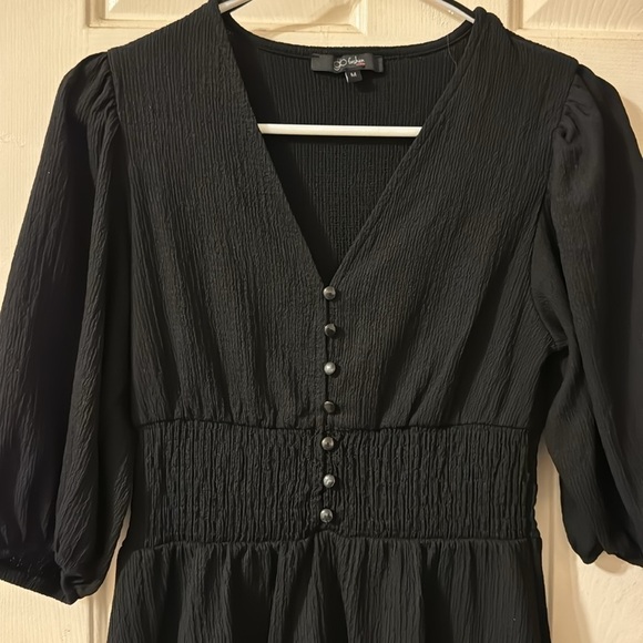 Black Button Front Fitted Puff Sleeve Skater Dress - Picture 2 of 8